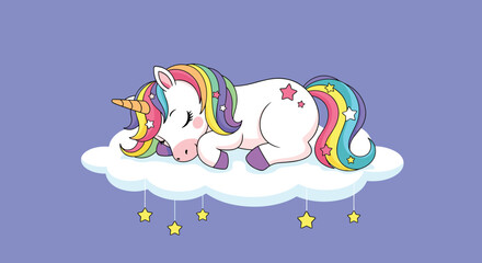 Naklejka premium Magical white unicorn with a rainbow mane and tail sleeping peacefully on a fluffy white cloud under a starry night sky.