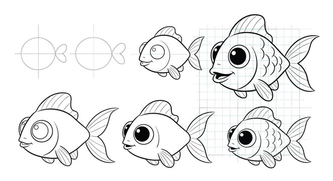 Easy to follow step by step drawing tutorial for children showing how to draw a cute goldfish with large eyes.