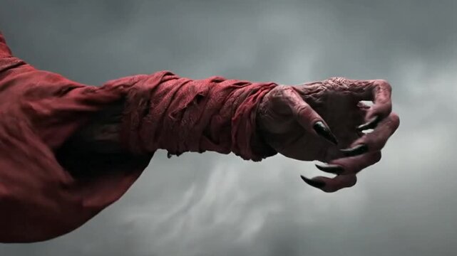 Close-up of a claw-like monster hand reaching out, creepy fantasy creature with textured red fabric sleeve and weathered skin, horror aesthetic.