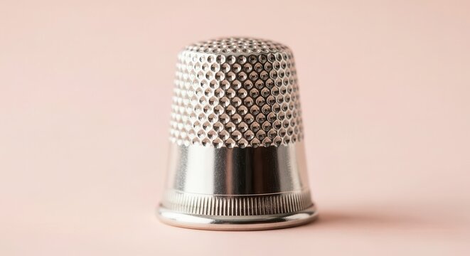 Metal thimble sits isolated against a soft pastel background.