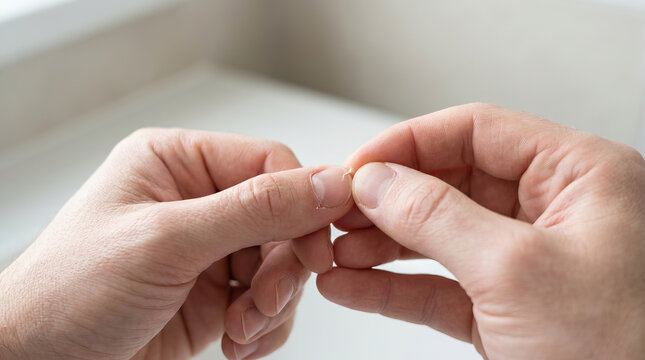 Hangnail torn skin finger hand male adult closeup nail cuticle injury hangnail torn skin finger hand male adult closeup nail cuticle injury detail, person picking dry skin near fingernail indoors