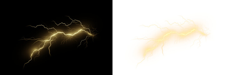 Powerful lightning bolt. Severe thunderstorm with thunder and bright flashes in the night sky, isolated against a dark and transparent background. PNG. © Alesya