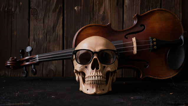 A skull wearing a sunglasses and there are classic violin is behind , old wooden is background. 