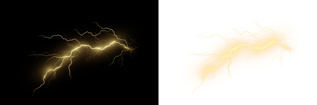 Powerful lightning bolt. Severe thunderstorm with thunder and bright flashes in the night sky, isolated against a dark and transparent background. PNG.