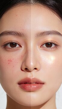 Split screen close-up macro portrait of a young woman's face showing skin before treatment with blemishes on one side and glowing smooth radiant skin after treatment on the other, beauty concept