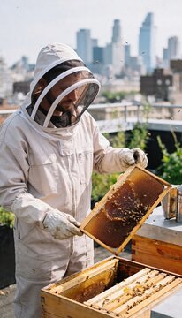 Male Beekeeper in White Protective Suit Holding Honey Frame Full of Bees and Honeycomb on Urban Rooftop Apiary, City Skyline Blurred in Background, Sustainable Urban Farming, Daylight, Vertical