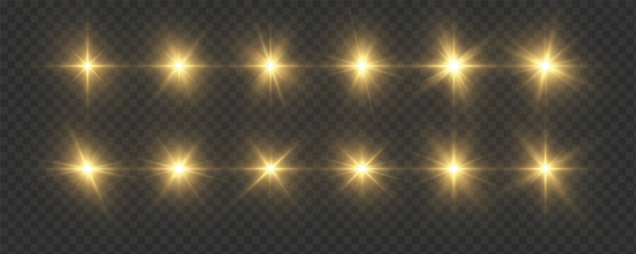 Magic glowing starburst with bright light rays and sparkling flare. Abstract vector explosion design featuring solar radiance, gold shine, and transparent glow