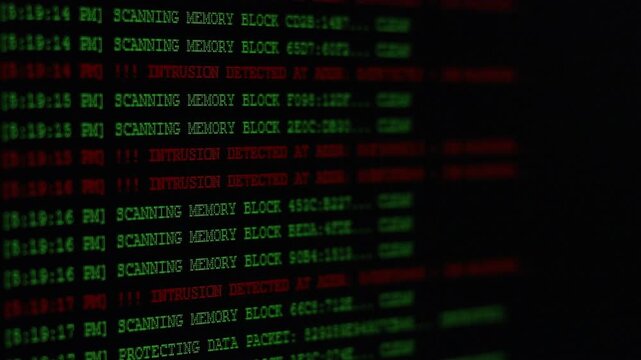 Computer monitor shows a security breach detected with green and red messages. concepts of detection of network access and cybersecurity. Footage 4K horizontal