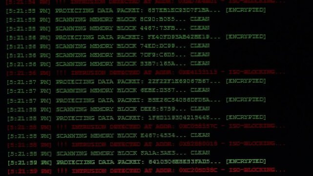 Computer monitor shows a security breach detected with green and red messages. concepts of detection of network access and cybersecurity. Footage 4K horizontal