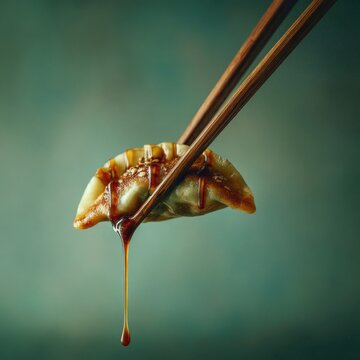 Golden crispy fried dumpling held between wooden chopsticks with dark soy sauce dripping down, macro closeup with shallow depth of field, Asian street food and dim sum concept on dark moody background