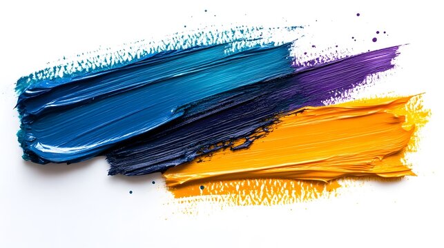 Vibrant oil paint smears showcase thick textured strokes of blue, purple, and yellow against a clean white background.