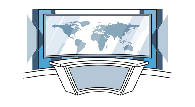 News Broadcast Studio with World Map Backdrop Vector