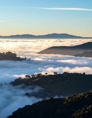 Fototapeta premium Aerial landscape of rolling hills emerging from a sea of clouds, with distant mountains under a blue sky. Sunlight illuminates the scene