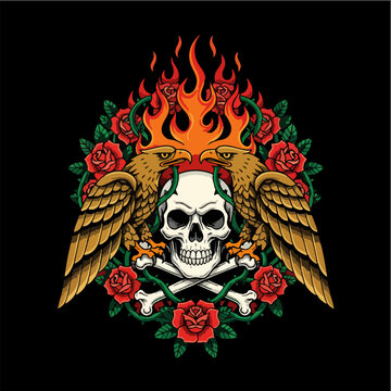 Gothic pixel art skull with golden eagles roses and flames