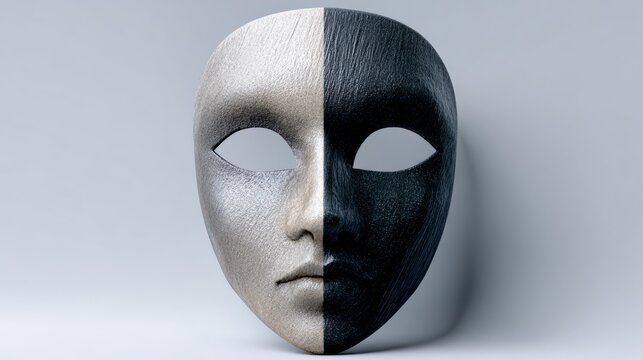Half black and half white theatrical mask with smooth texture, showcasing contrasting colors and features, placed against a light gray background for dramatic effect