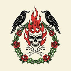 Fototapeta premium Vintage Burning Skull and Ravens Tattoo Style Illustration