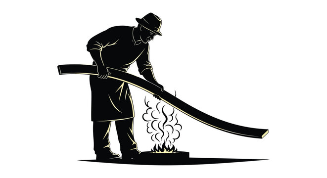 Black silhouette of a man bending over a curved piece of metal being heated over a flame
