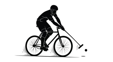Obraz premium A black silhouette of a person riding a bicycle while playing field hockey