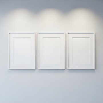 Three blank picture frames mockup on minimalist wall