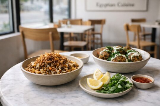 Egyptian cuisine featuring bowls of koshari and falafel on marble table, copy space