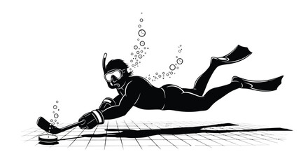 Fototapeta premium Scuba diver playing underwater hockey with a puck and stick