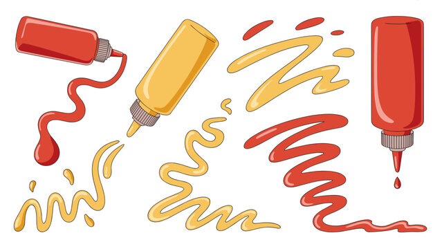 Vector illustration set of condiment action elements: ketchup, mustard, and mayo being squeezed out, sauce streams, drops, splashes, zigzag lines, spiral squeeze patterns, dripping nozzle tips. Dynami