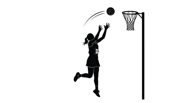 Silhouette of a woman playing basketball and shooting a ball into the hoop