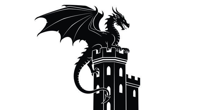 A black silhouette of a dragon sitting on top of a castle tower