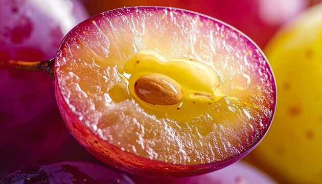 macro cross-section of juicy red grape with seed and translucent pulp on pink background