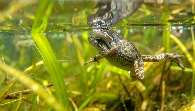 Underwater close-up of spring peeper frog in amplexus among aquatic plants