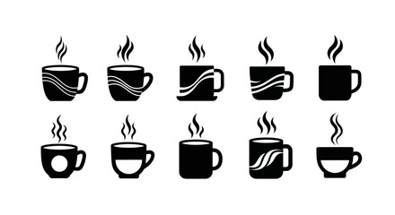 Fototapeta premium Hot coffee mug icons collection featuring wave patterns and steam silhouettes minimalist black caffeine symbols for cafe branding isolated on white background