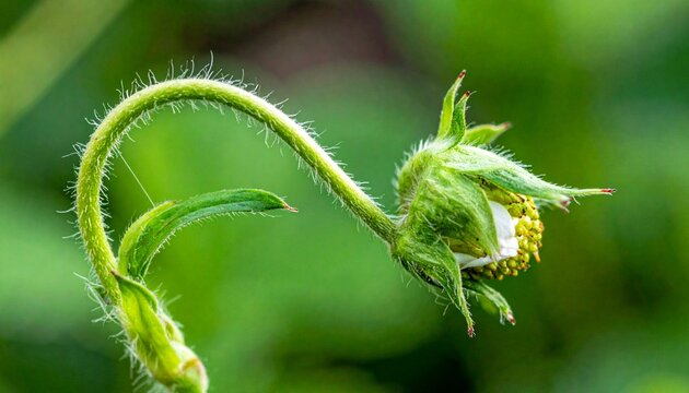 Close-up of wild strawberry runner stolon with new budding plant in spring sunlight