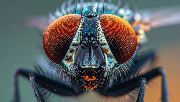 Close-up macro portrait of a housefly with iridescent compound eyes and orange body