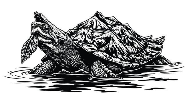 A black and white illustration of a turtle holding a feather in its mouth while standing in water with a mountain range behind it