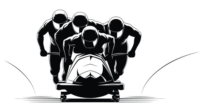 Four athletes pushing a bobsled on ice track