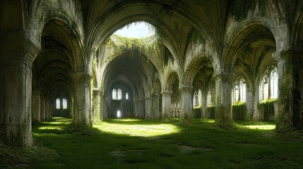 Obraz premium Abandoned Gothic Architecture with Overgrown Vegetation in a Serene Light Environment