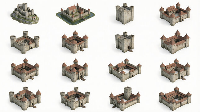 Isometric 3D collection of medieval castle and fortress models isolated on white background for game development, historical projects, and graphic design assets.