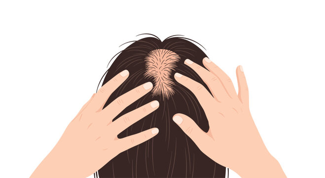 Thinning hair texture reveals a prominent scalp bald patch while two hands gently touch the crown area in a bright clinical setting with soft lighting.