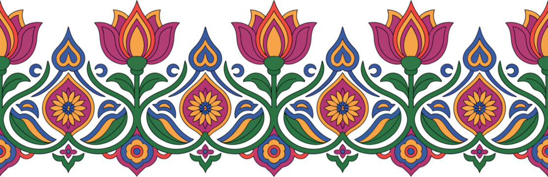 Colorful ethnic floral border with lotus flowers and decorative paisley elements vector illustration.