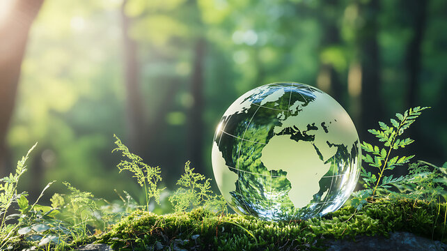 Glass globe on moss with green forest background symbolizing nature and earth