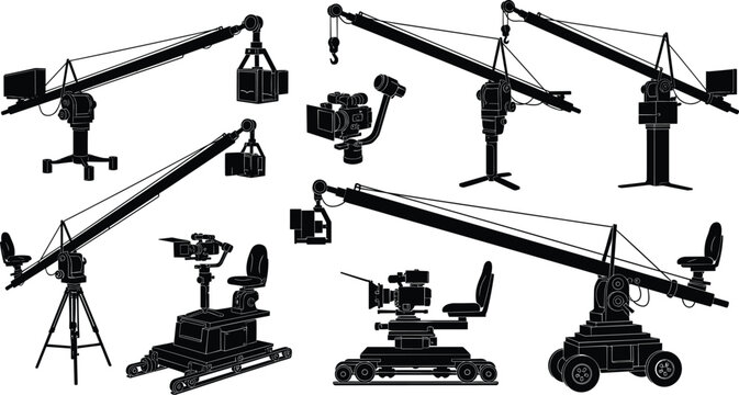 Camera Crane and Jib Arm Silhouette Set &ndash; Video Production Rig Vector Icons