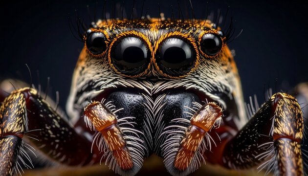 close-up macro portrait of wolf spider with glowing eyes in dark environment