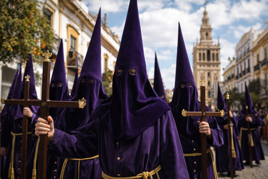 Nazarenos Holding cross During Holy Week Night Procession