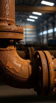 Close up of heavily rusted industrial pipes and flanges in a dimly lit factory or warehouse setting, showing decay and neglect