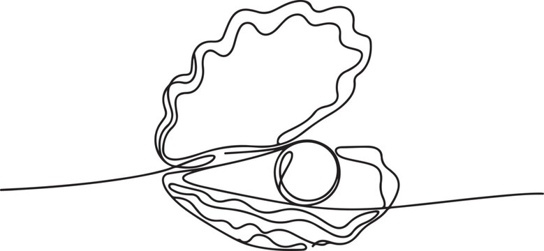 Continuous one line drawing of open oyster shell with pearl. One line draw graphic design vector