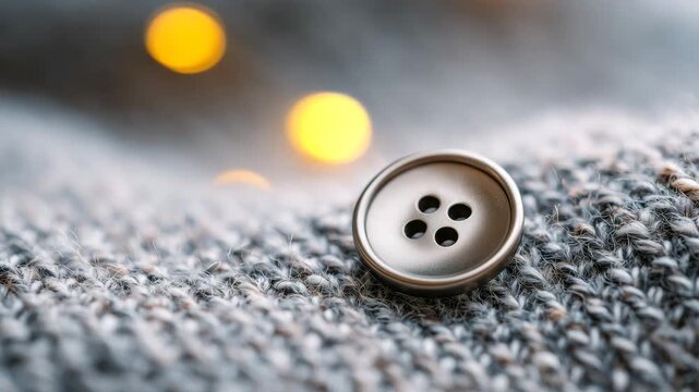 Hyper-realistic macro shot of a vintage button on textured fabric, tiny thread fibers attaching the button visible, smooth metallic or plastic surface reflecting soft light, shallo