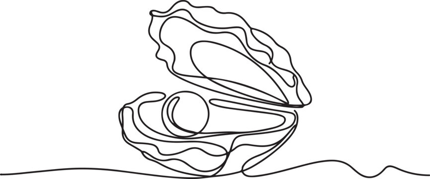 Continuous one line drawing of open oyster shell with pearl. One line draw graphic design vector