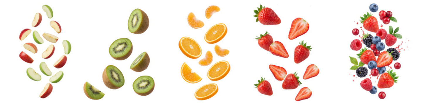 Set of fresh fruits slices falling on air isolated on white or transparent background