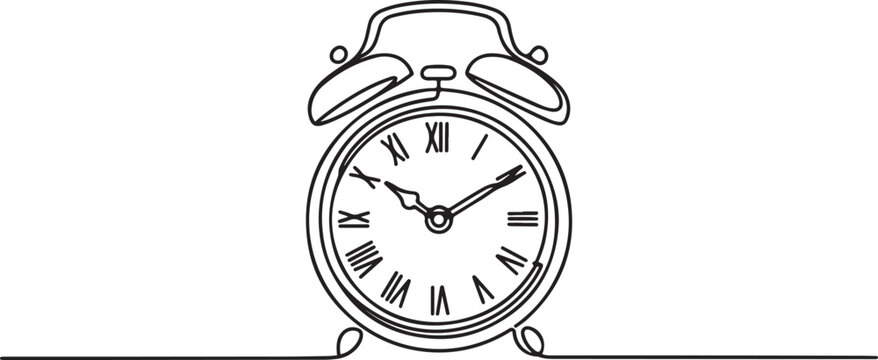 Continuous one line drawing of vintage alarm clock vector design, Clock drawn symbol. One line draw graphic design vector3