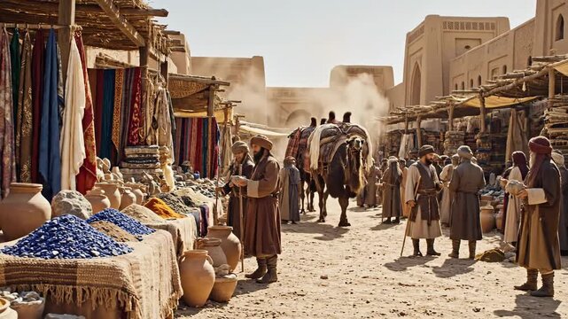 Ancient Silk Road Marketplace with Traders and Camel